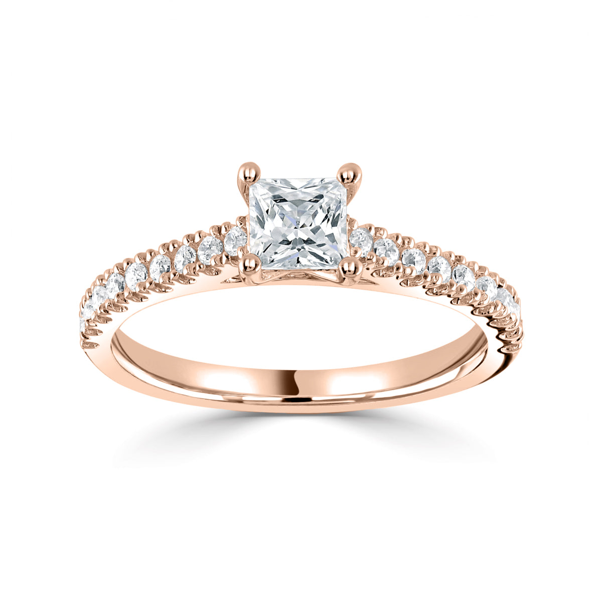 Princess square cut diamond 4 claw setting with diamond shoulders ring