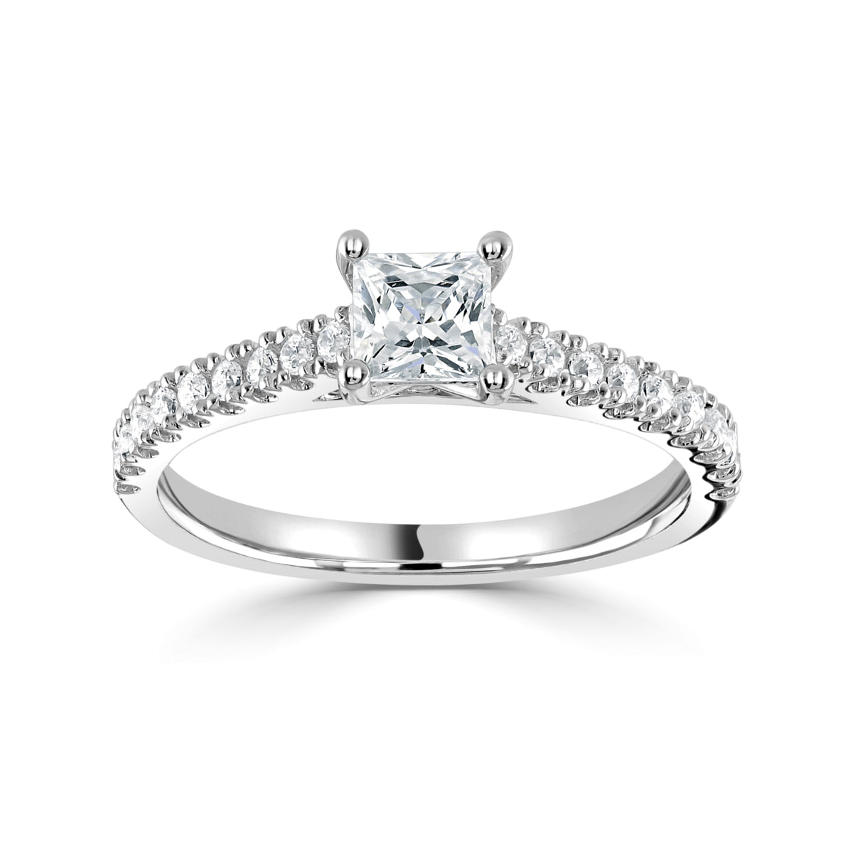 Princess square cut diamond 4 claw setting with diamond shoulders ring