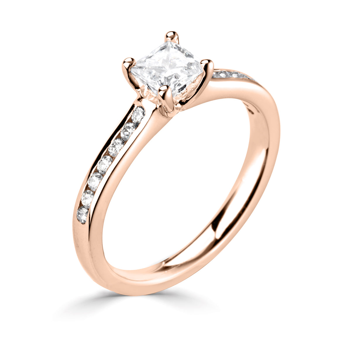 Princess square cut diamond 4 claw channel set shoulder ring
