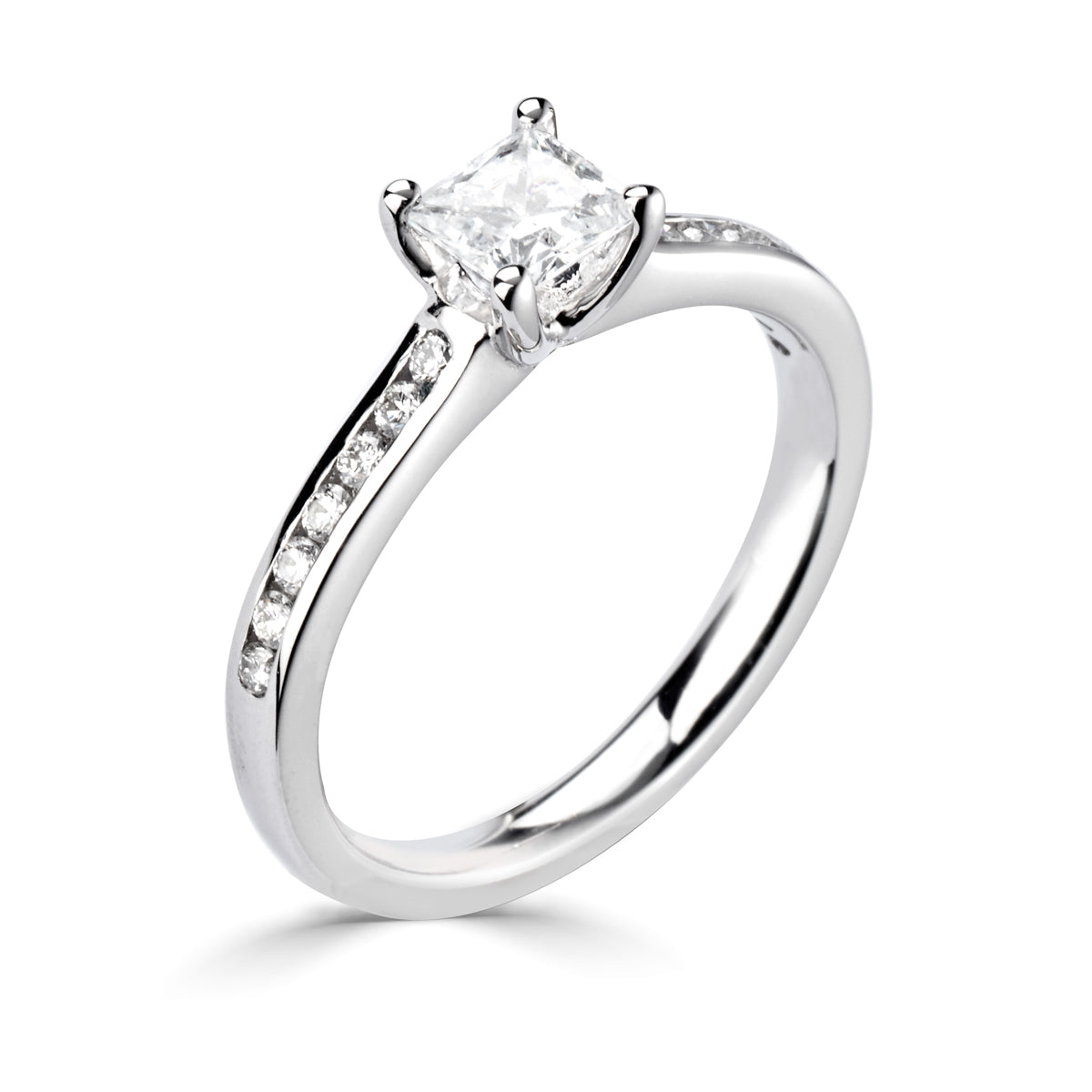 Princess square cut diamond 4 claw channel set shoulder ring