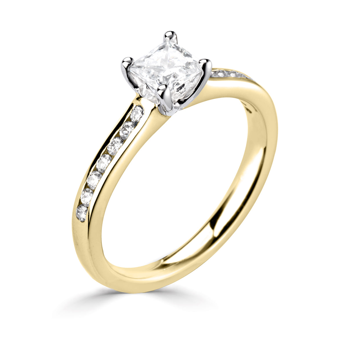 Princess square cut diamond 4 claw channel set shoulder ring