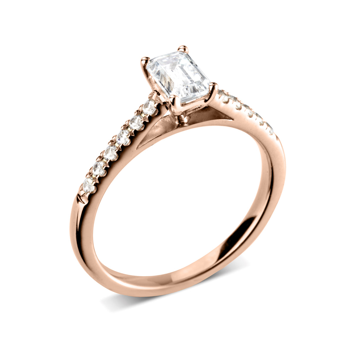 Emerald cut diamond 4 claw set with diamond shoulders engagement ring