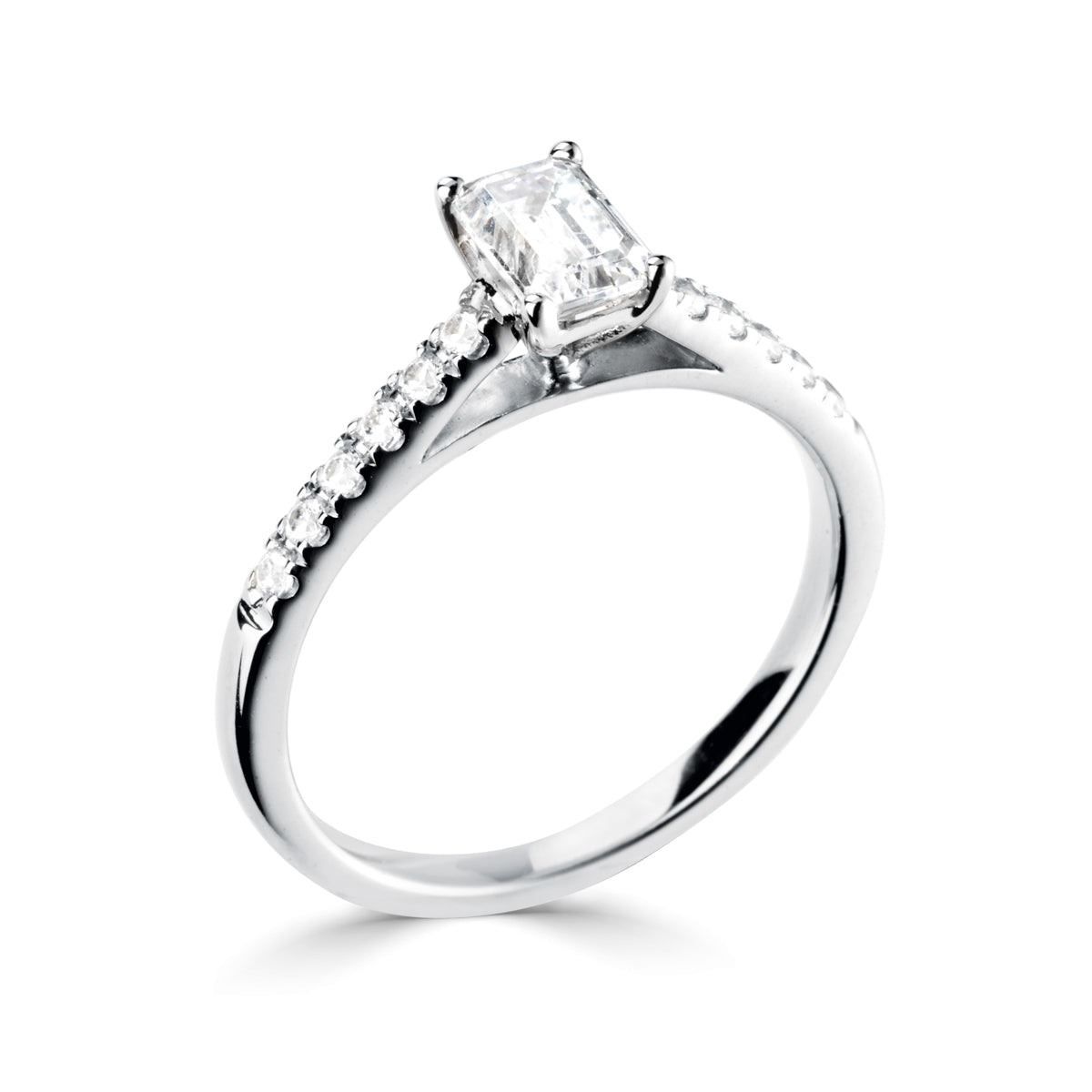 Emerald cut diamond 4 claw set with diamond shoulders engagement ring