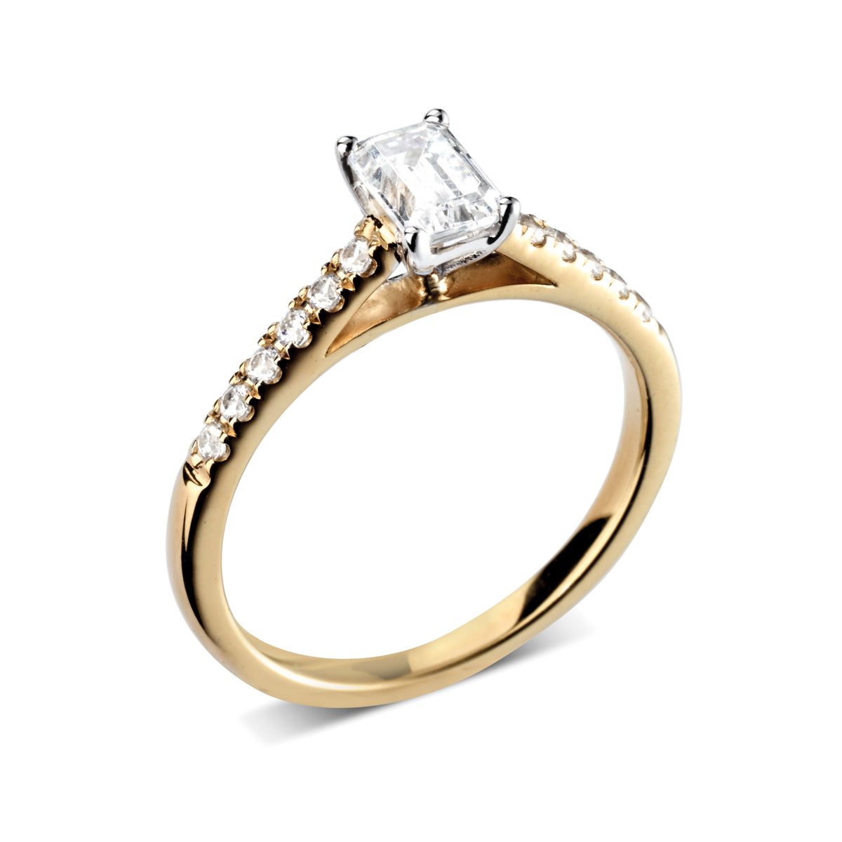 Emerald cut diamond 4 claw set with diamond shoulders engagement ring