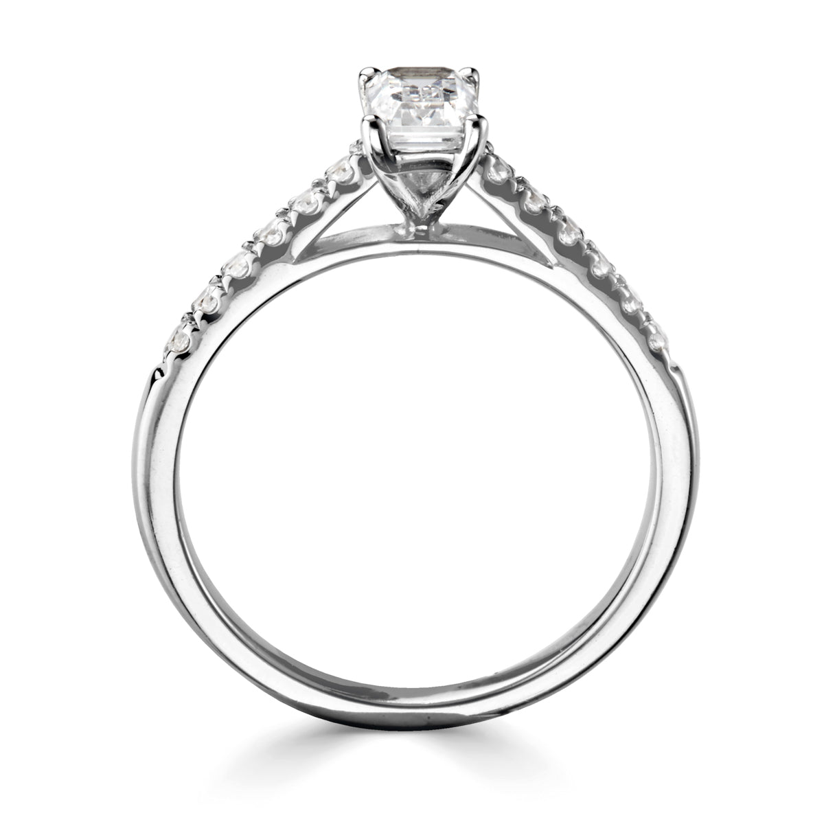 Emerald cut diamond 4 claw set with diamond shoulders engagement ring