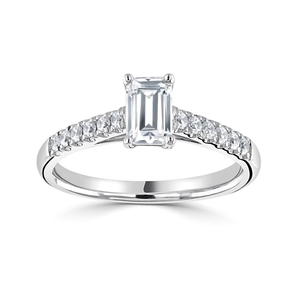 Emerald cut diamond 4 claw set with diamond shoulders engagement ring