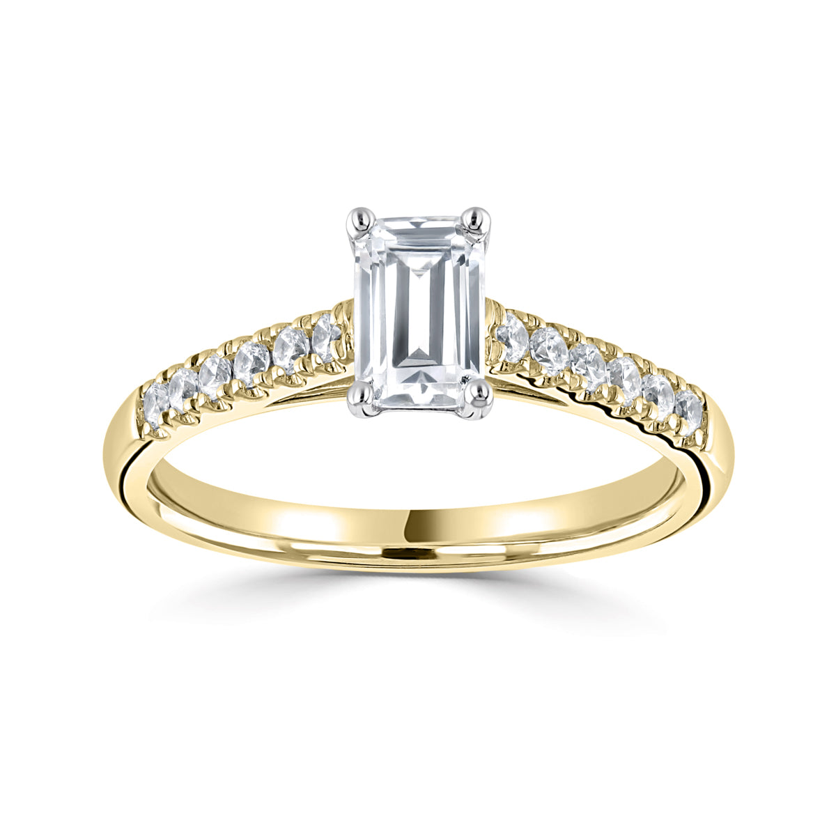 Emerald cut diamond 4 claw set with diamond shoulders engagement ring