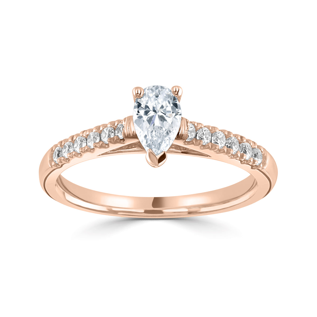 Pear cut diamond set into a classic 3 claw setting with diamond set shoulders ring