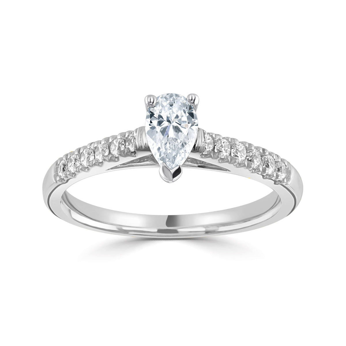 Pear cut diamond set into a classic 3 claw setting with diamond set shoulders ring