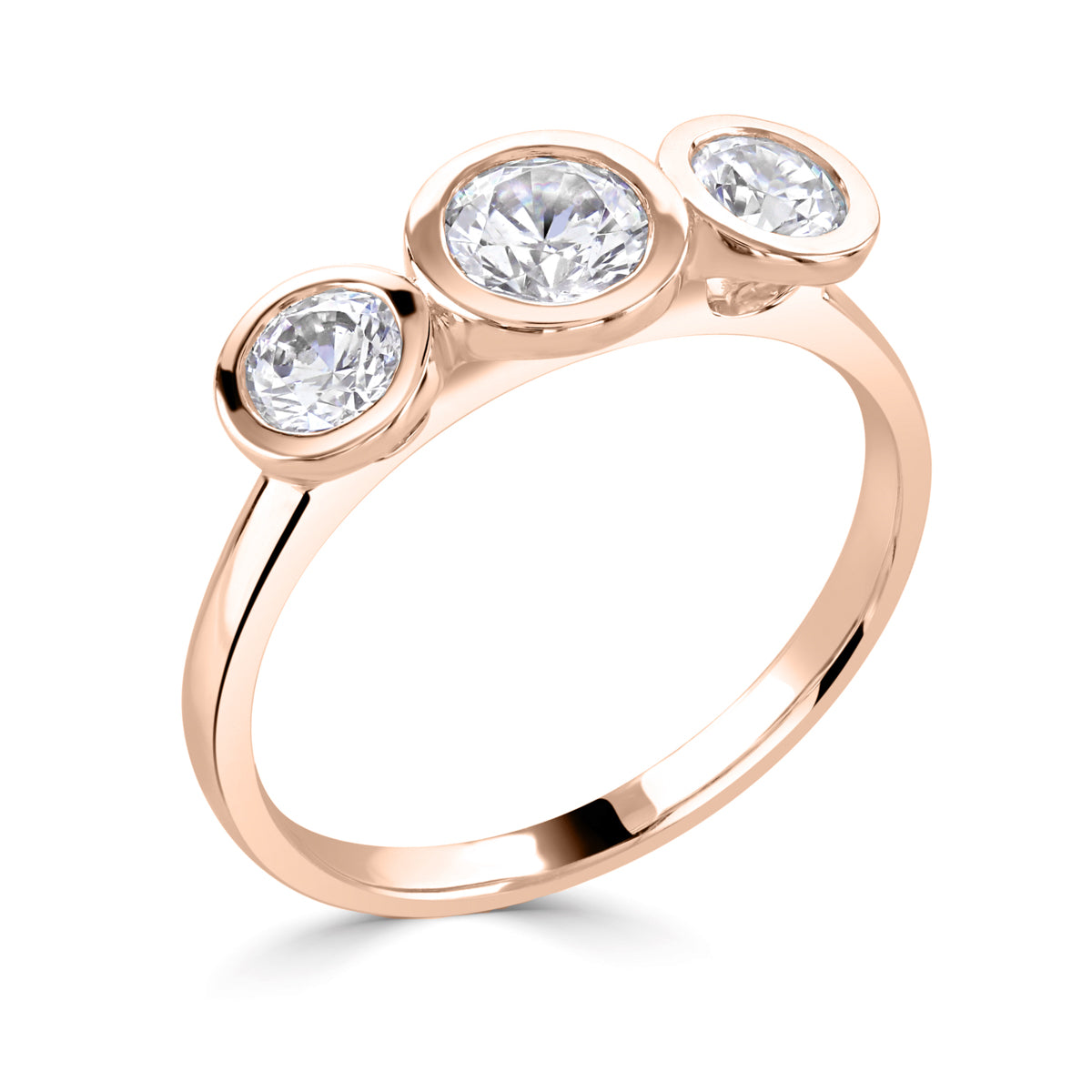 Brilliant round cut 3 stone rub over trilogy diamond ring