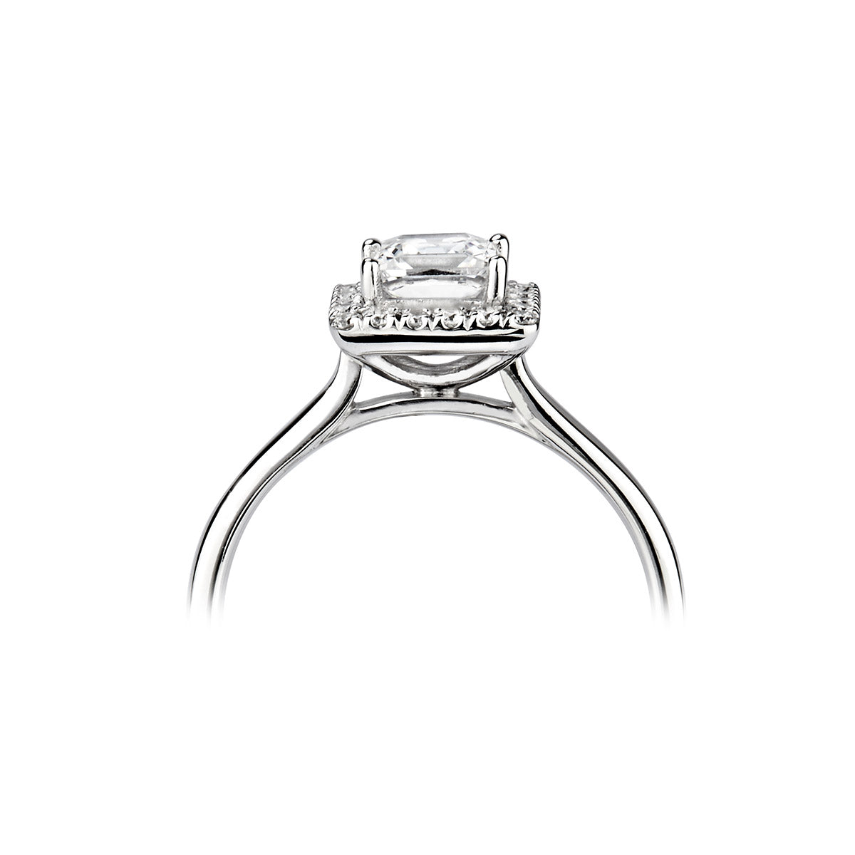 Princess square cut diamond set into a classic 4 claw setting surrounded with a diamond halo ring