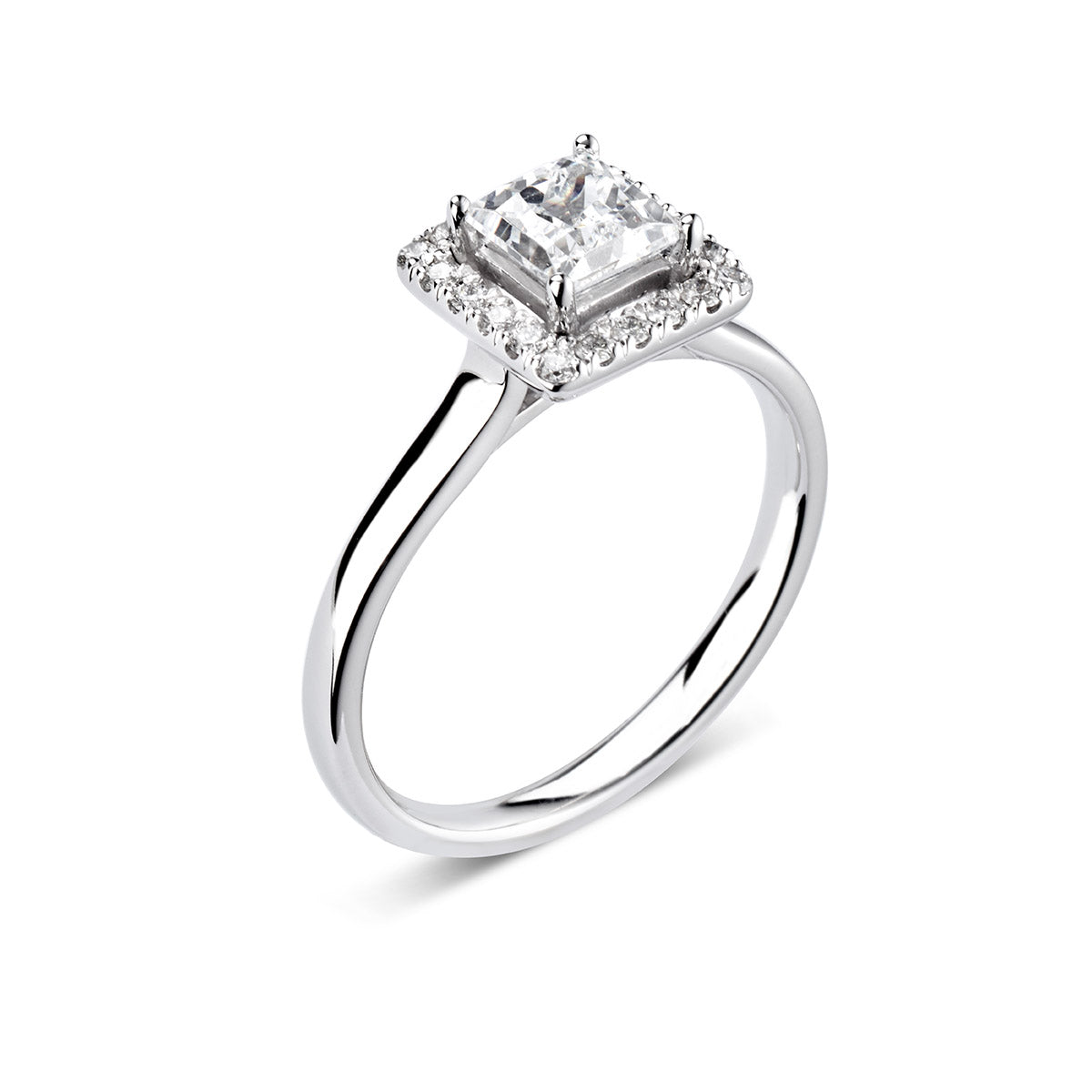 Princess square cut diamond set into a classic 4 claw setting surrounded with a diamond halo ring