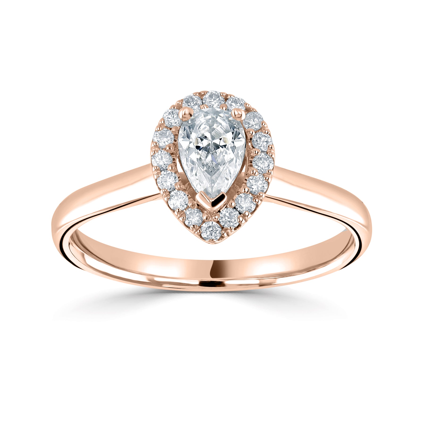 Pear cut diamond set into a classic 3 claw setting surrounded with a diamond halo engagement ring