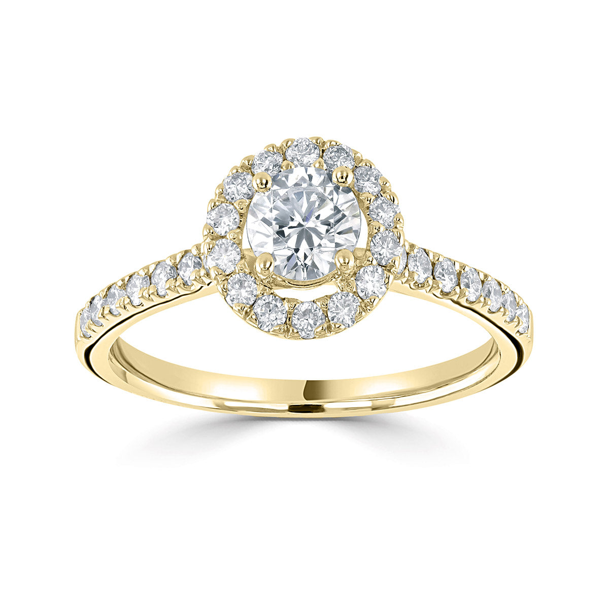 Brilliant round cut diamond set with 4 claws surrounded with a halo of diamonds with diamond set shoulders engagement ring