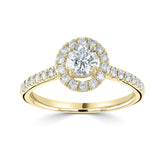 Brilliant round cut diamond set with 4 claws surrounded with a halo of diamonds with diamond set shoulders engagement ring