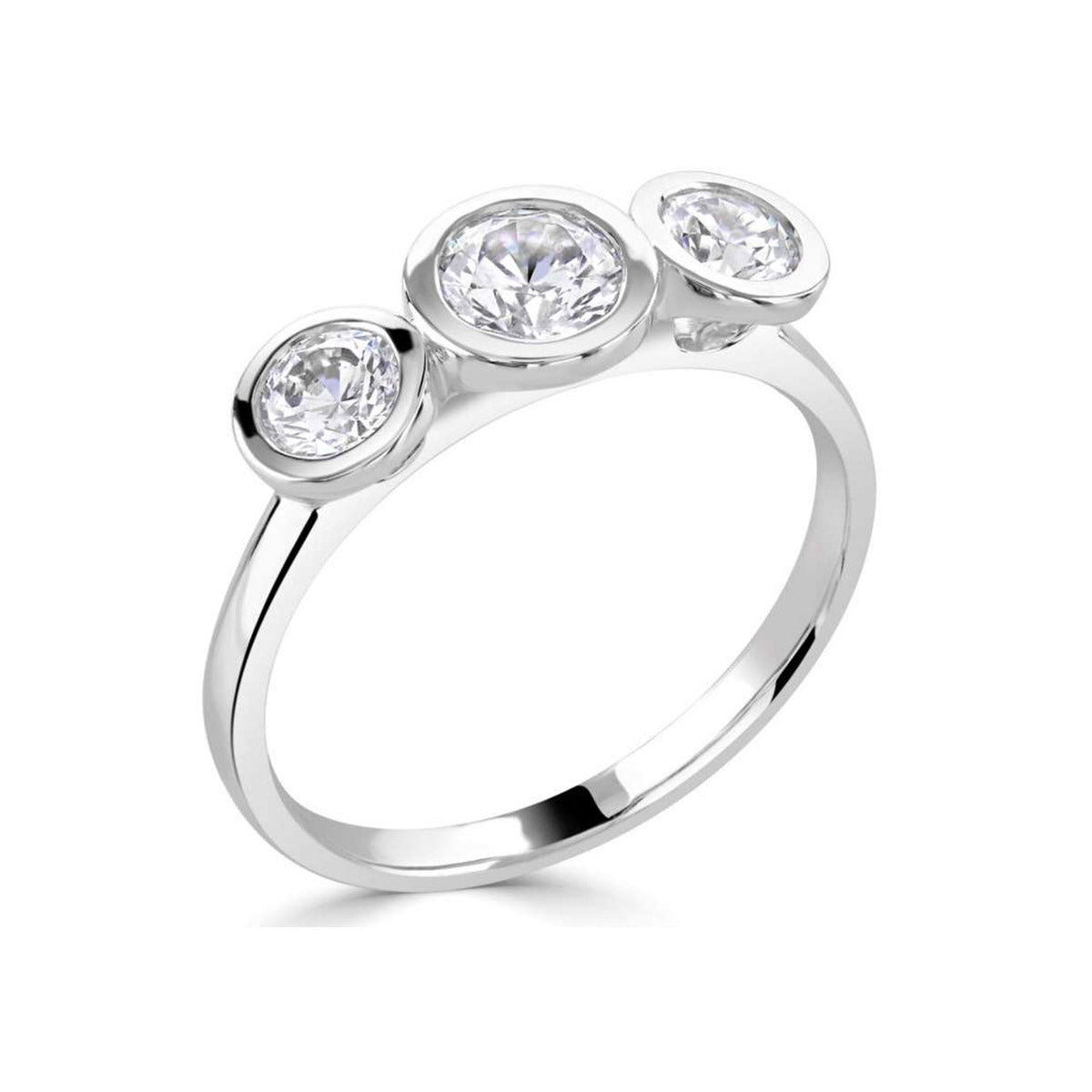 Brilliant round cut 3 stone rub over trilogy diamond ring
