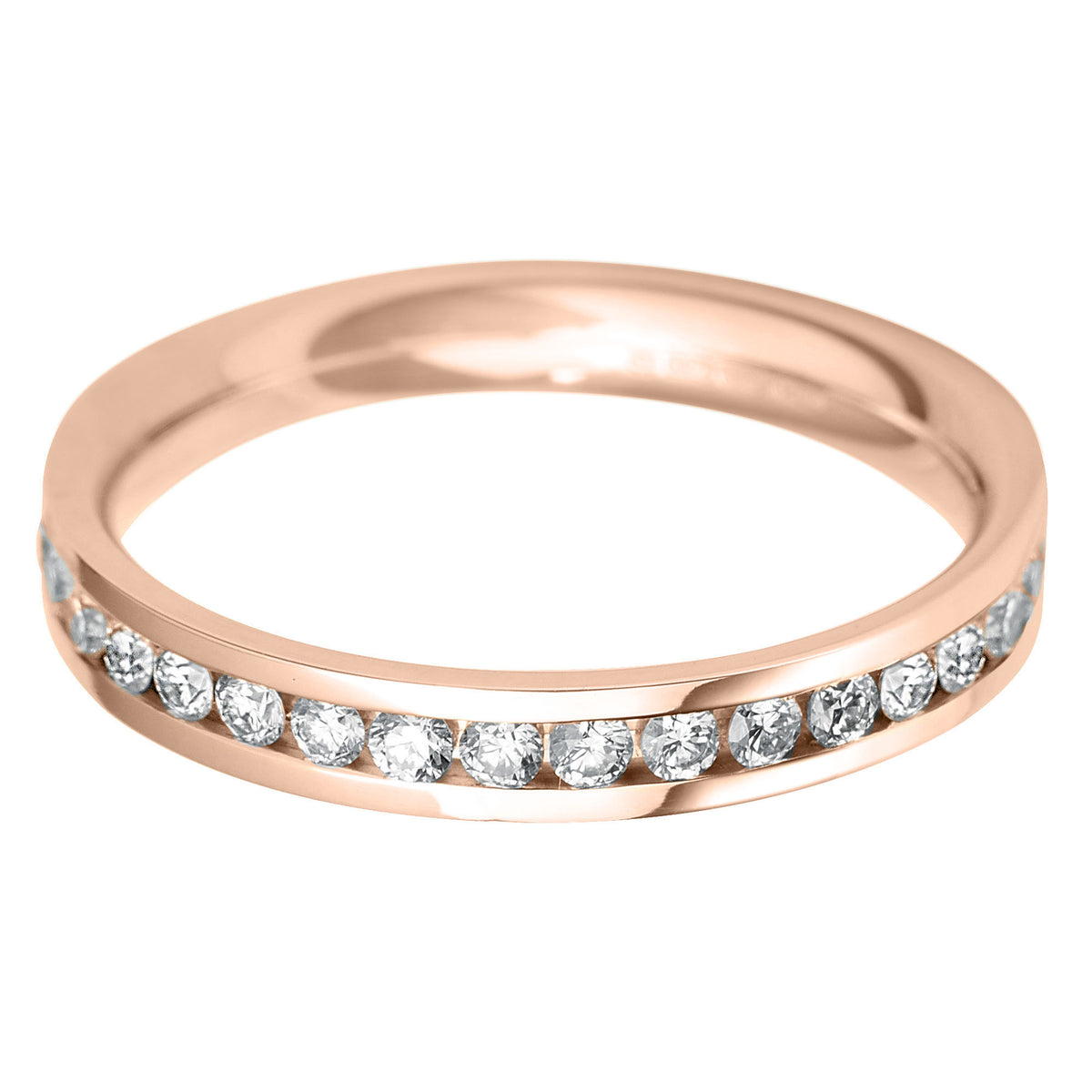 Brilliant round cut diamond Flat court channel set eternity ring