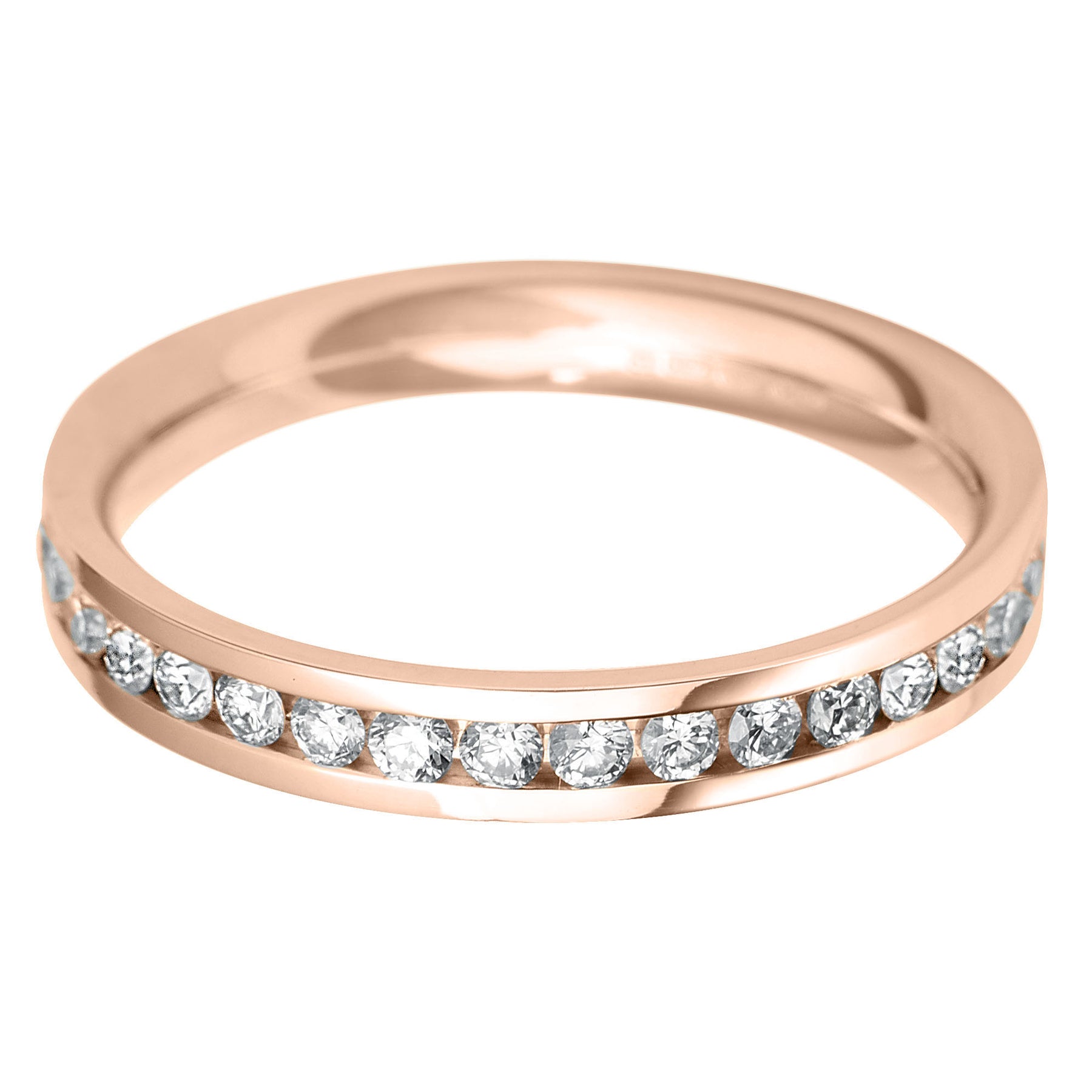 Brilliant round cut diamond Flat court channel set eternity ring