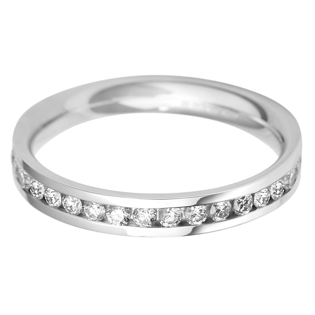 Brilliant round cut diamond Flat court channel set eternity ring