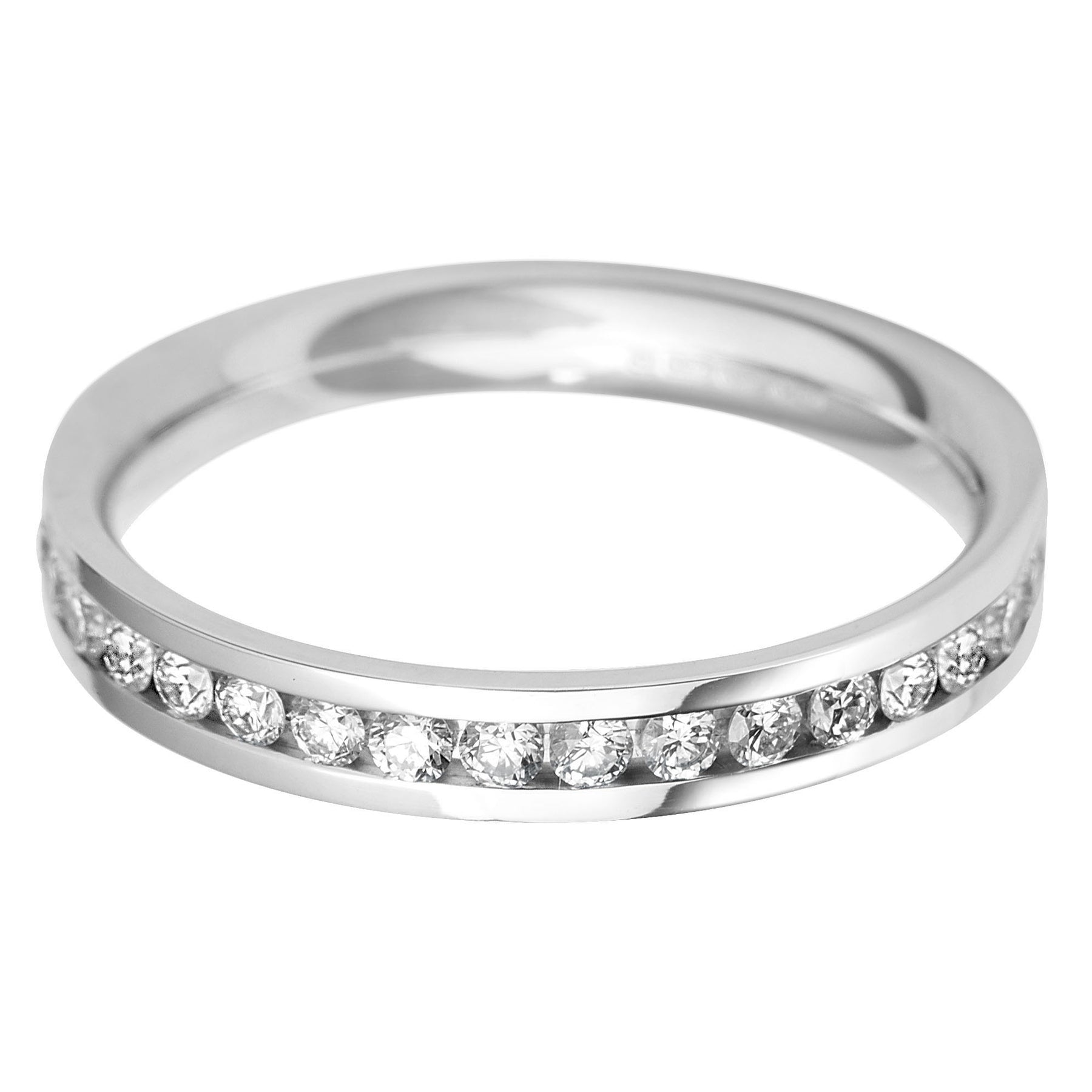 Brilliant round cut diamond Flat court channel set eternity ring