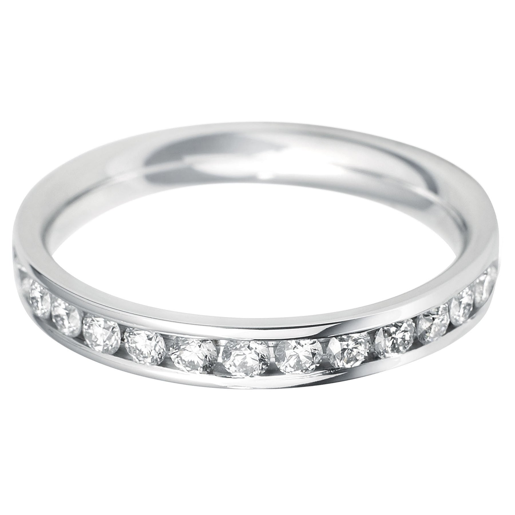Brilliant round cut diamond Flat court channel set eternity ring