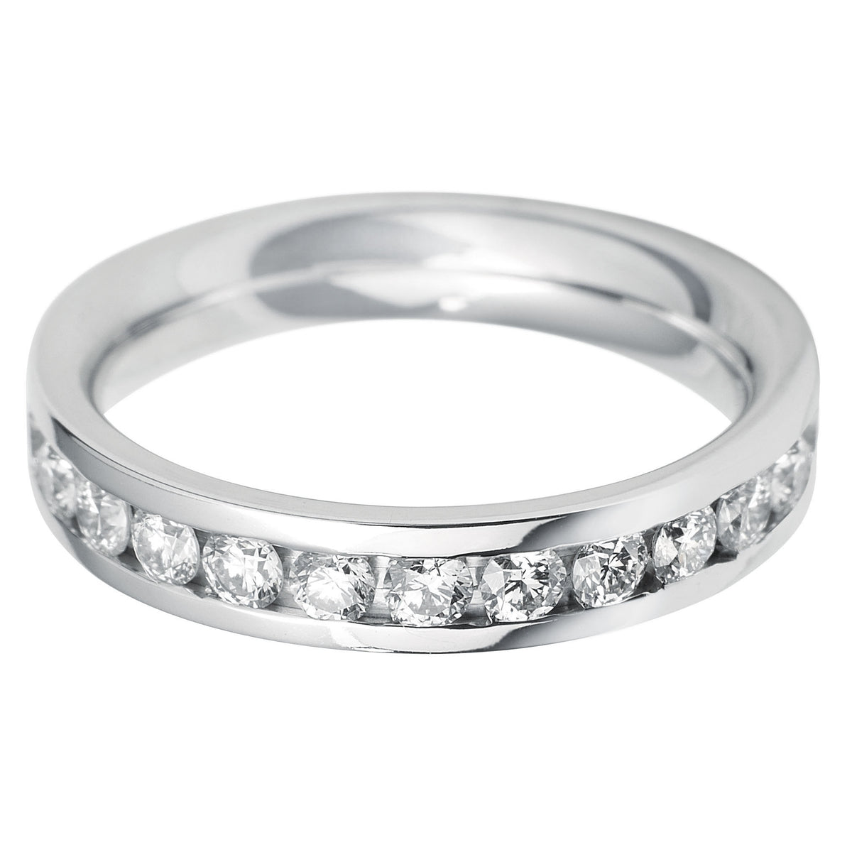 Brilliant round cut diamond Flat court channel set eternity ring