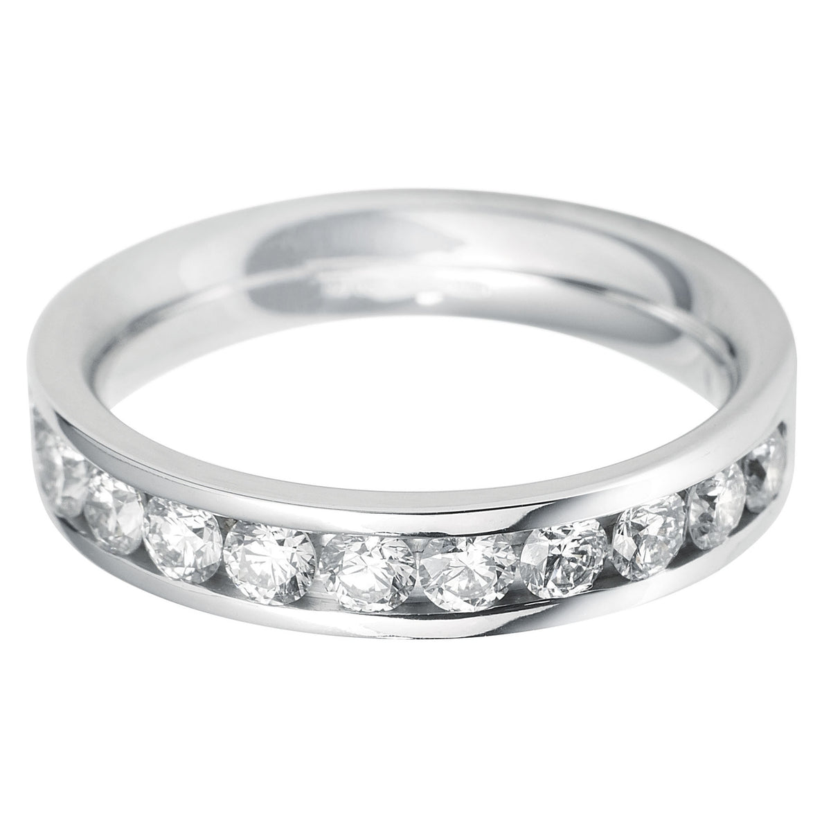 Brilliant round cut diamond Flat court channel set eternity ring