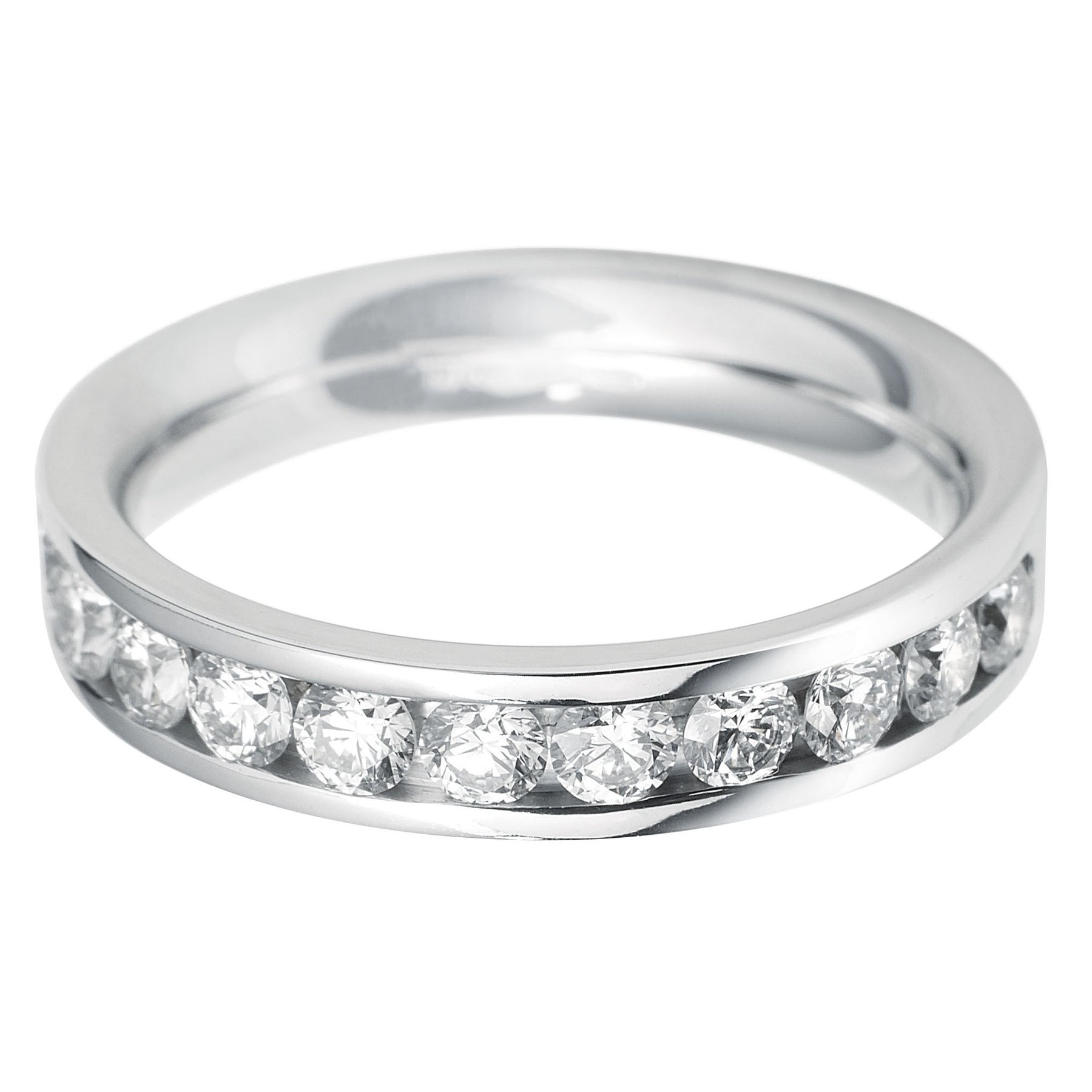 Brilliant round cut diamond Flat court channel set eternity ring