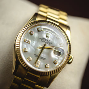 2015 Rolex DAYDATE 36mm 18K Yellow Gold, MOP Diamond Dial, President, 128238 available at RR Jewellers Yarm