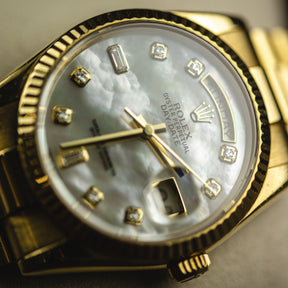 2015 Rolex DAYDATE 36mm 18K Yellow Gold, MOP Diamond Dial, President, 128238 available at RR Jewellers Yarm