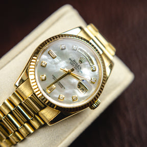2015 Rolex DAYDATE 36mm 18K Yellow Gold, MOP Diamond Dial, President, 128238 available at RR Jewellers Yarm