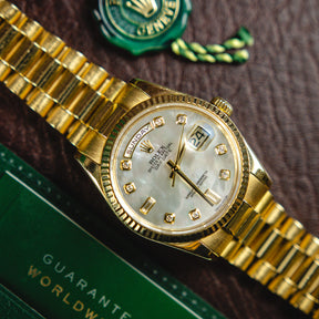 2015 Rolex DAYDATE 36mm 18K Yellow Gold, MOP Diamond Dial, President, 128238 available at RR Jewellers Yarm