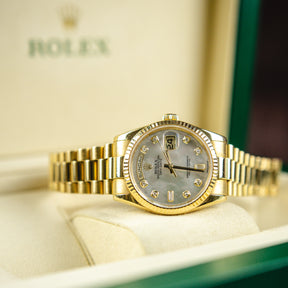 2015 Rolex DAYDATE 36mm 18K Yellow Gold, MOP Diamond Dial, President, 128238 available at RR Jewellers Yarm