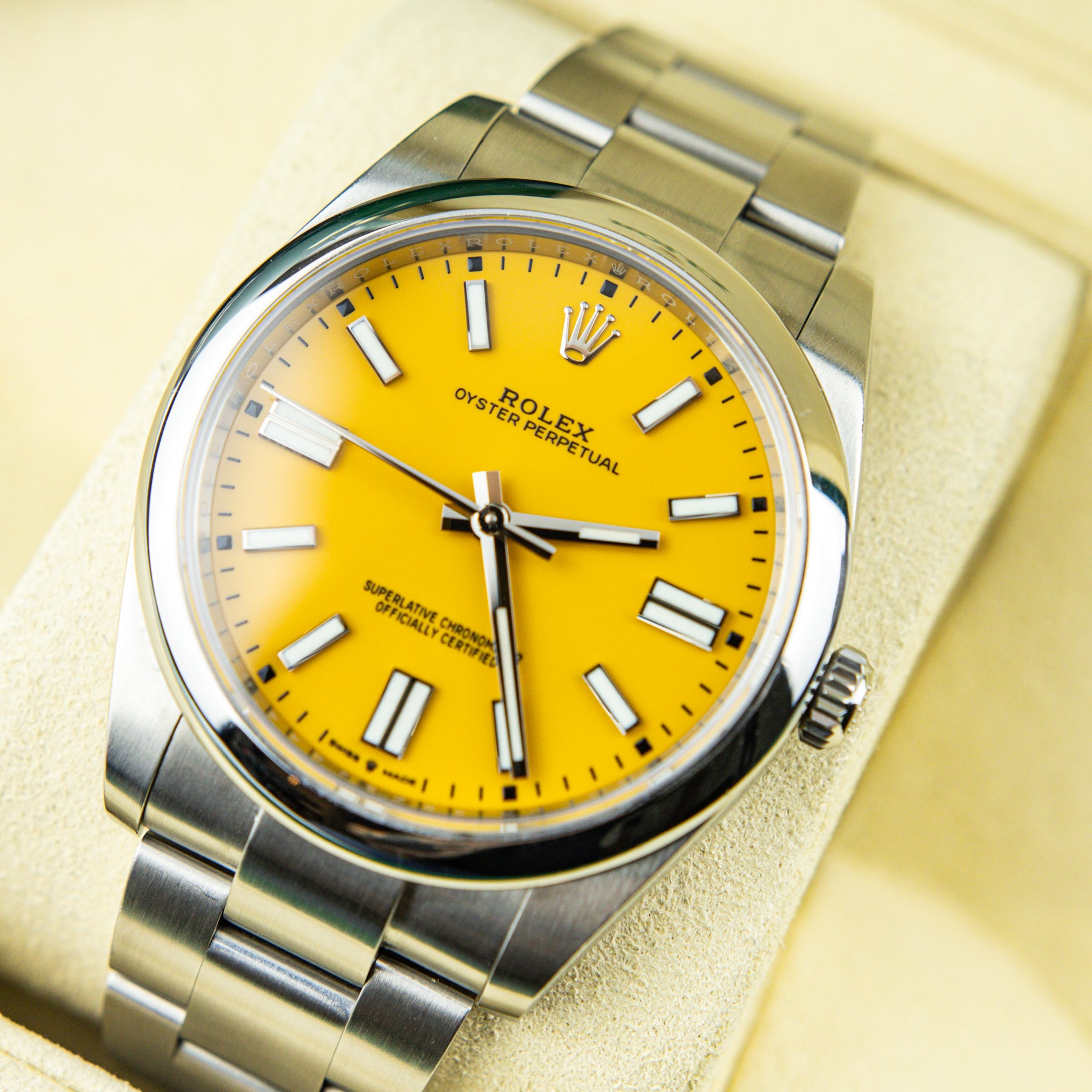 Unworn Pre - Owned 2021 Rolex OYSTER PERPETUAL 41mm Oystersteel Yellow Dial 124300 at RR Jewellers Yarm