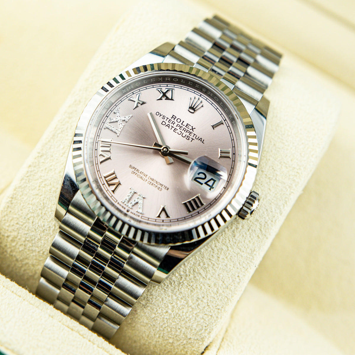 2023 Rolex DATEJUST 36mm Steel Pink Dial Roman VI IX AT RR JEWELLERS YARM