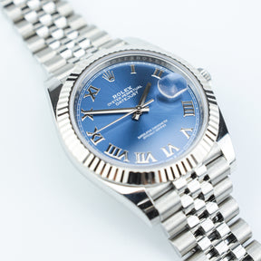 2023 Rolex DATEJUST 41mm Oystersteel & White Gold, Azzuro Dial, Fluted Bezel at RR JEWELLERS YARM UK
