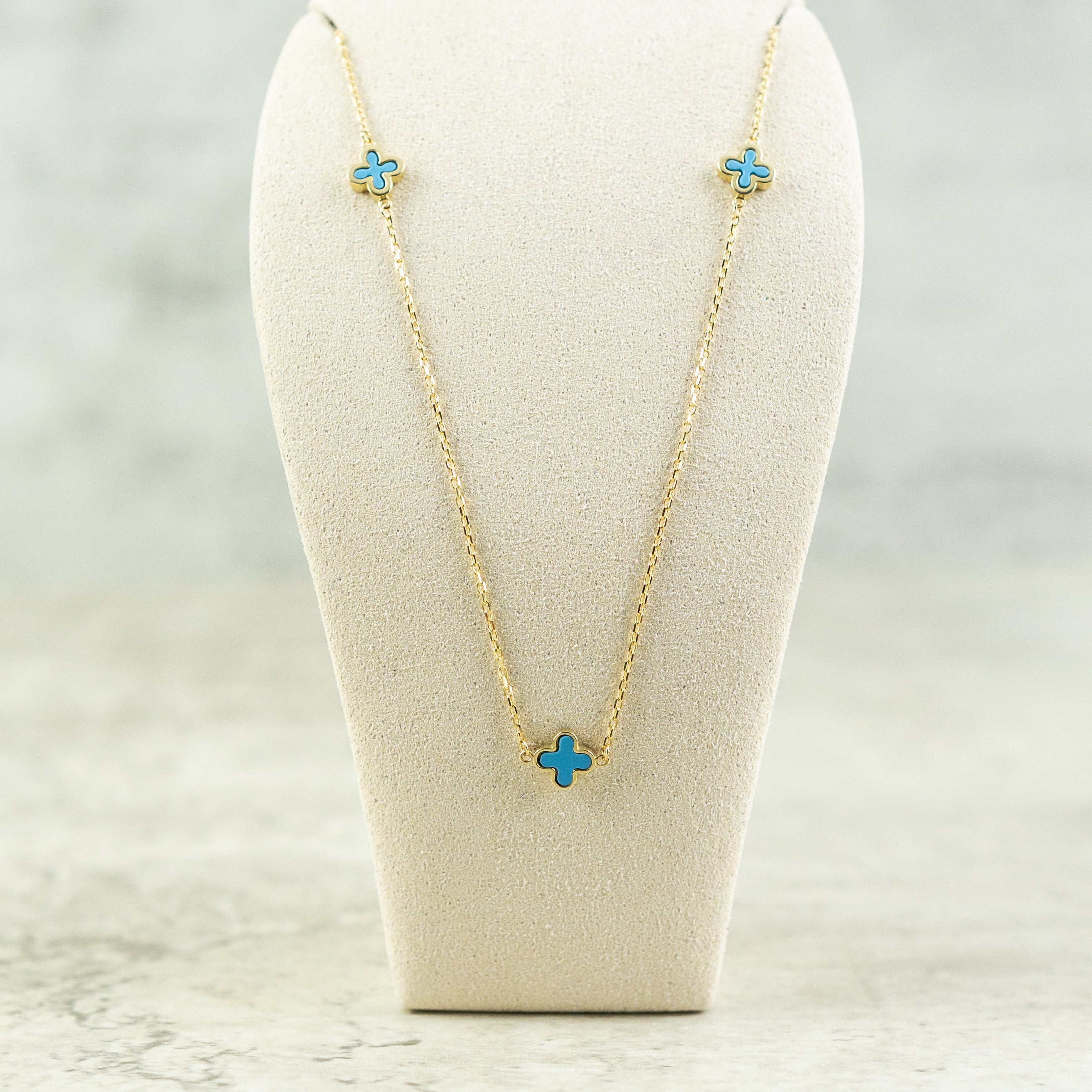 9ct yellow gold designer inspired 3 turquoise petal necklace