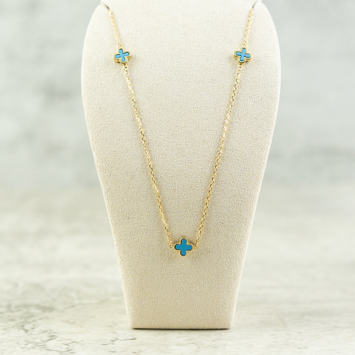 9ct Yellow Gold 3 Turquoise Petal Necklace AT RR JEWELLERS YARM