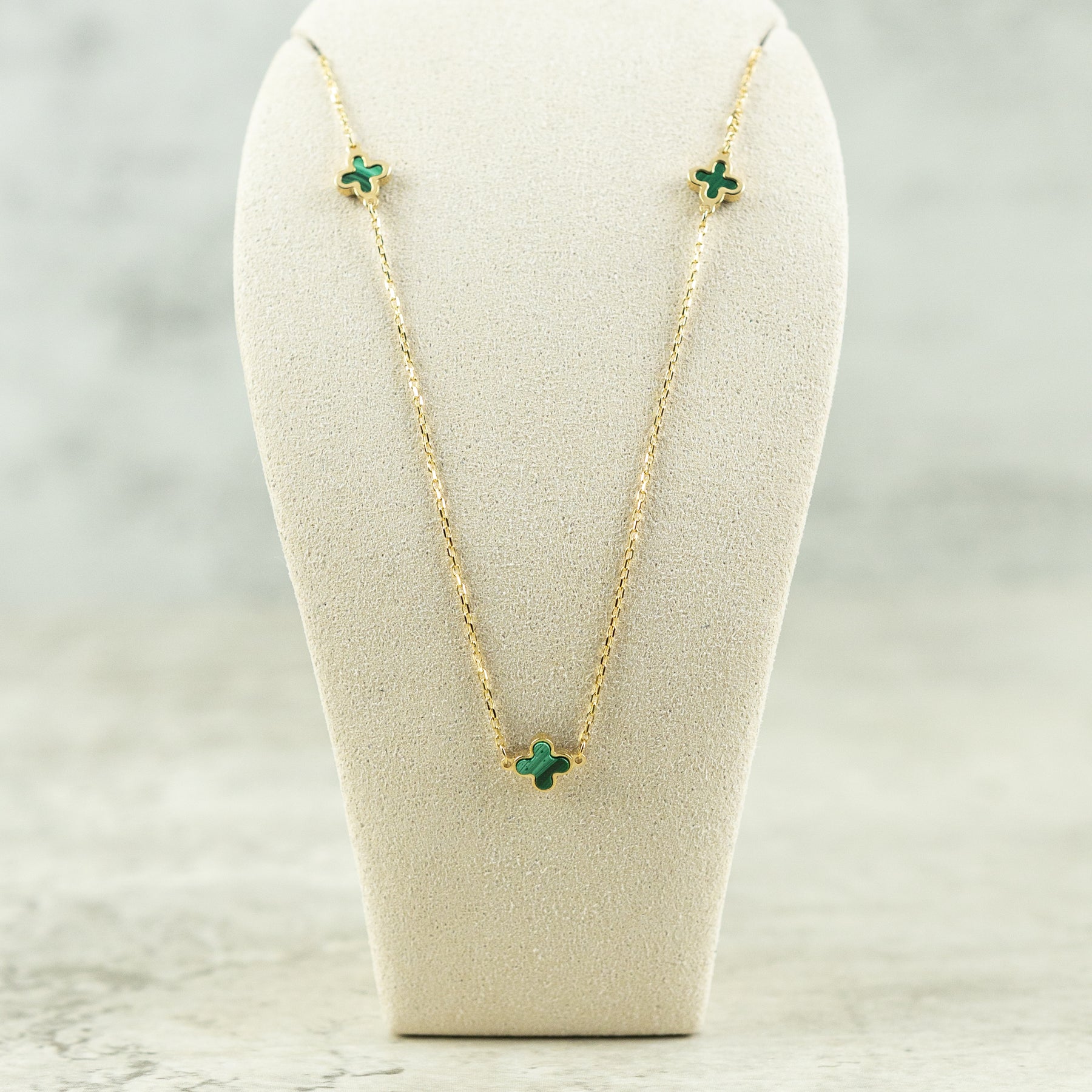Designer Inspired 9ct Yellow Gold 3 Malachite Petal Necklace AT RR JEWELLERS YARM