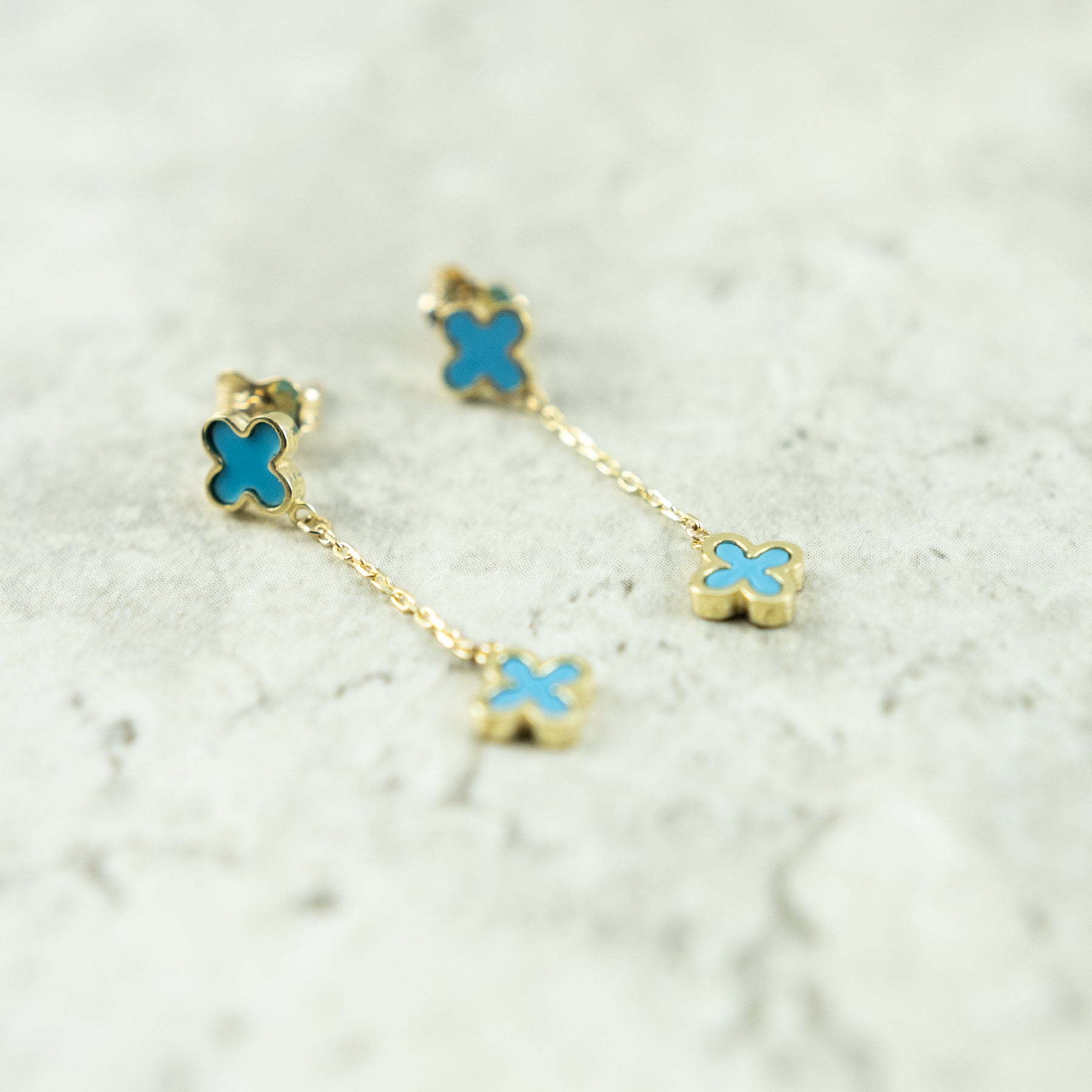 Designer Inspired 9ct Yellow Gold 2 Turquoise Petal Earrings available at RR Jewellers Yarm UK