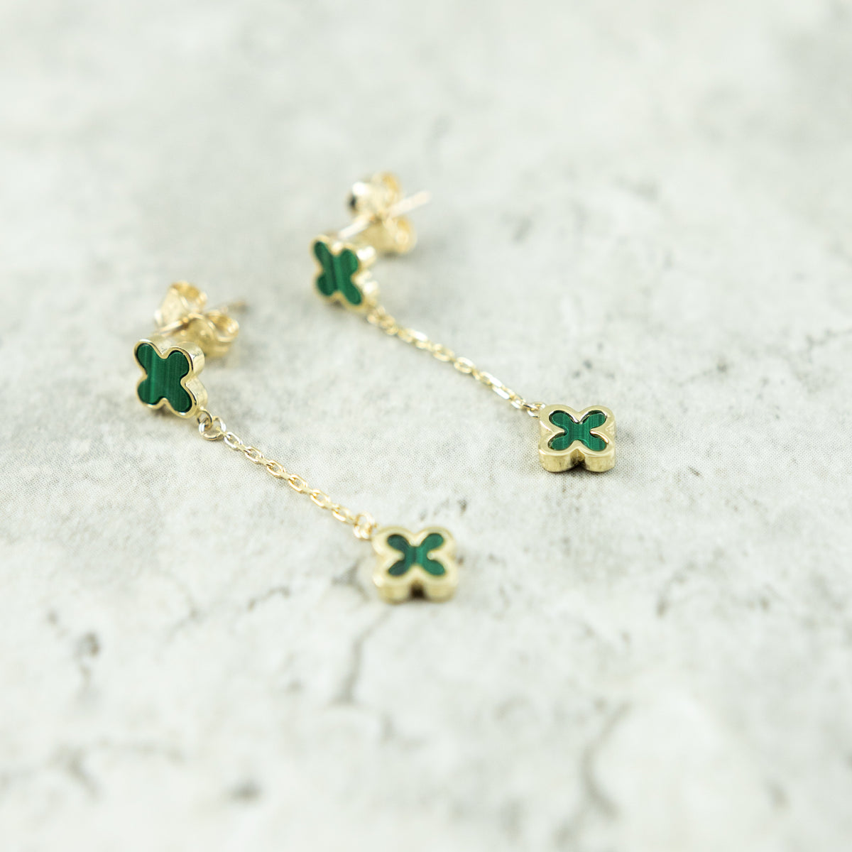 Designer Inspired 9ct Yellow Gold 2 Malachite Petal Earrings Available at RR Jewellers Yarm UK