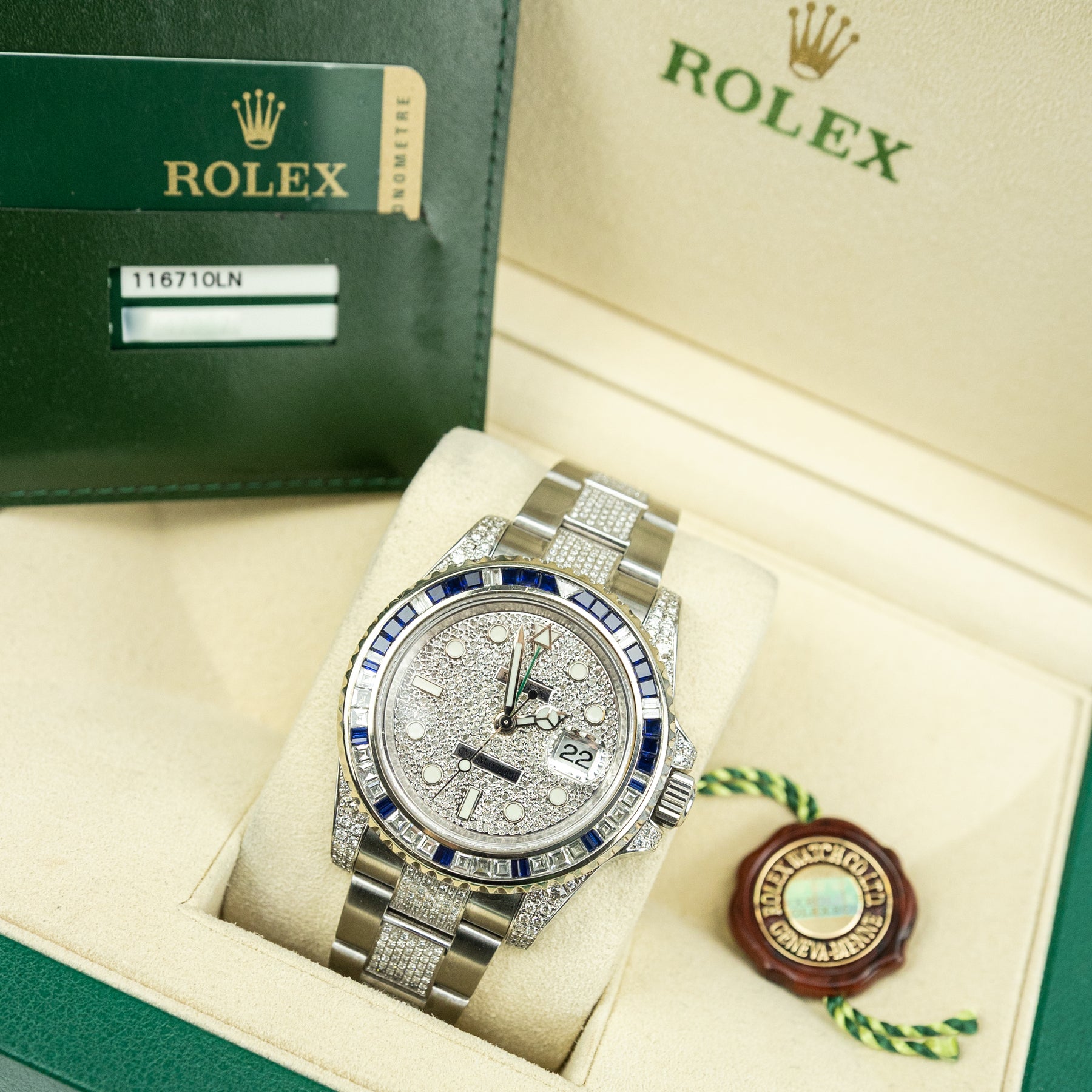Pre - Owned Worn 2013 Rolex GMT-Master II 40mm Custom Diamond Dial, Case, Bracelet 116710LN Full set with box, papers & spare link YARM RR JEWELLERS 