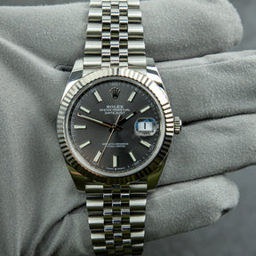 Worn Pre - Owned 2021 Rolex DATEJUST 41mm Oystersteel, White Gold Fluted Bezel, Grey Dial, Full set with box & papers available at RR JEWELLERS YARM