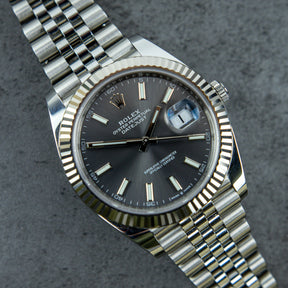 Worn Pre - Owned 2021 Rolex DATEJUST 41mm Oystersteel, White Gold Fluted Bezel, Grey Dial, Full set with box & papers available at RR JEWELLERS YARM