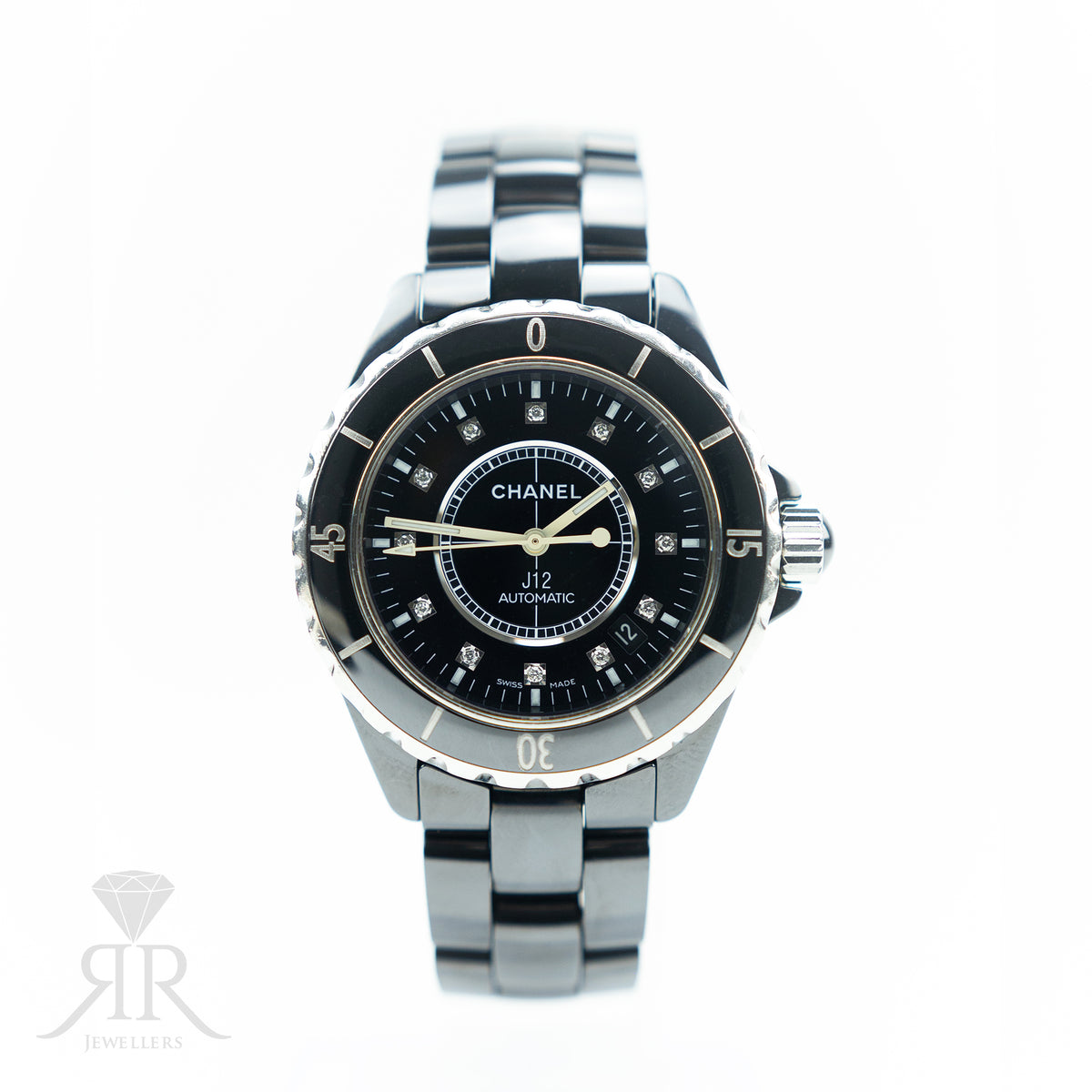 2007 Chanel J12 Date, Black Ceramic & Steel, Diamond Markers, 38mm, H1626 at RR JEWELLERS YARM