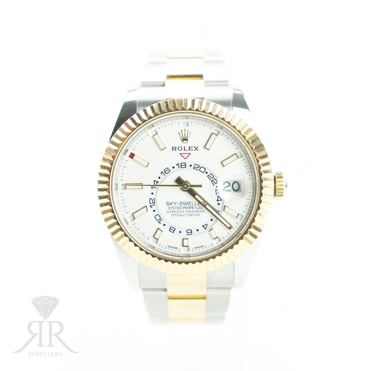 2021 Rolex Sky-Dweller Bi Metal Oystersteel & 18K Yellow Gold Fluted Bezel, White Dial 42mm, 326933 available at RR Jewellers Yarm