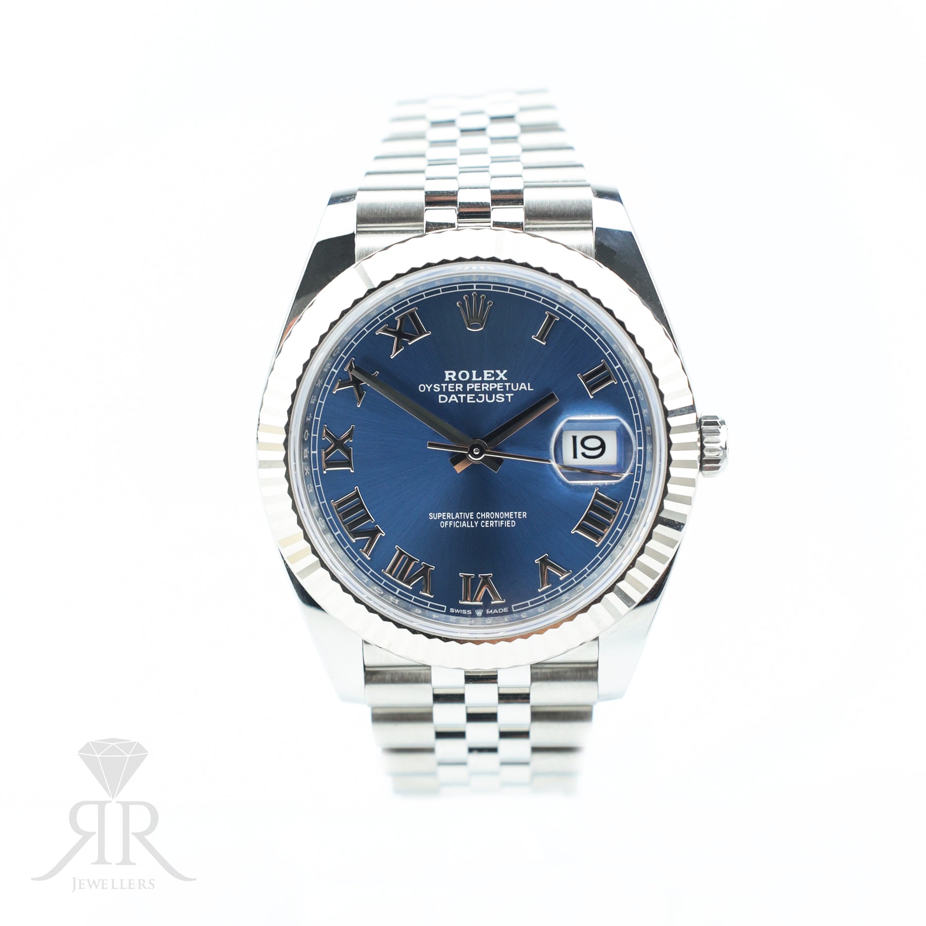 2023 Rolex DATEJUST 41mm Oystersteel & White Gold, Azzuro Dial, Fluted Bezel at RR JEWELLERS YARM UK