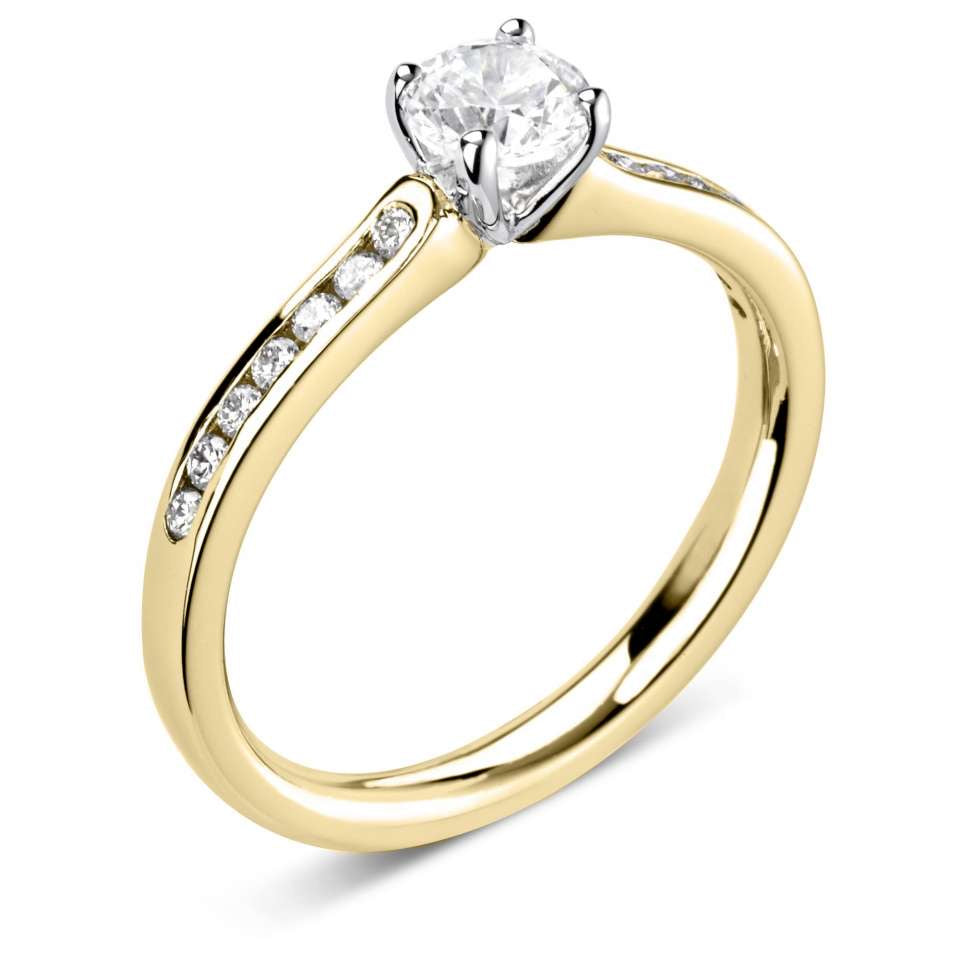 18ct yellow gold round brilliant 1.51ct D colour lab diamond ring in a classic 4 claw setting with channel set diamond shoulders