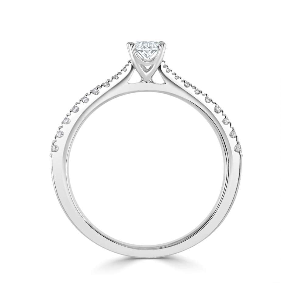 Platinum oval cut 1ct lab diamond classic 4 claw set solitaire ring with diamond set shoulders