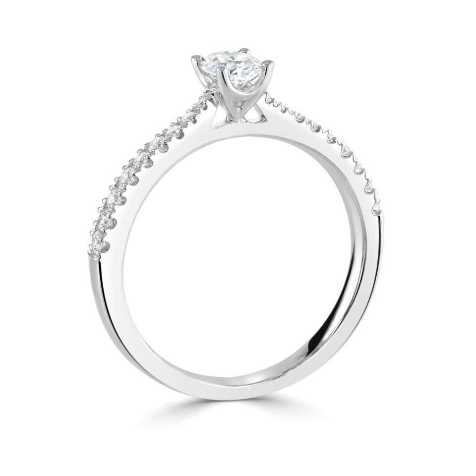 Platinum oval cut 1ct lab diamond classic 4 claw set solitaire ring with diamond set shoulders